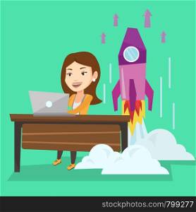 Young caucasian businesswoman working on laptop on business start up and business start up rocket taking off behind her. Business start up concept. Vector flat design illustration. Square layout.. Business start up vector illustration.