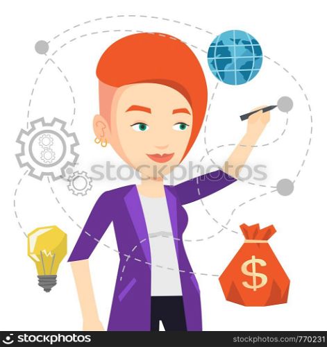 Young caucasian businesswoman writing on a virtual screen. Cheerful businesswoman drawing a cloud computing diagram on a virtual screen. Vector flat design illustration isolated on white background.. Woman writing cloud computing on virtual screen.