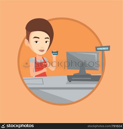 Young caucasian cashier holding credit card at the checkout in supermarket. Happy cashier working at checkout in a supermarket. Vector flat design illustration in the circle isolated on background.. Cashier holding credit card at the checkout.
