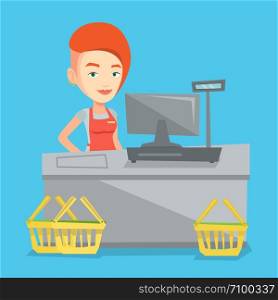 Young caucasian cashier standing at the checkout in supermarket. Cashier working at checkout in a supermarket. Cashier standing near the cash register. Vector flat design illustration. Square layout.. Cashier standing at the checkout in supermarket.