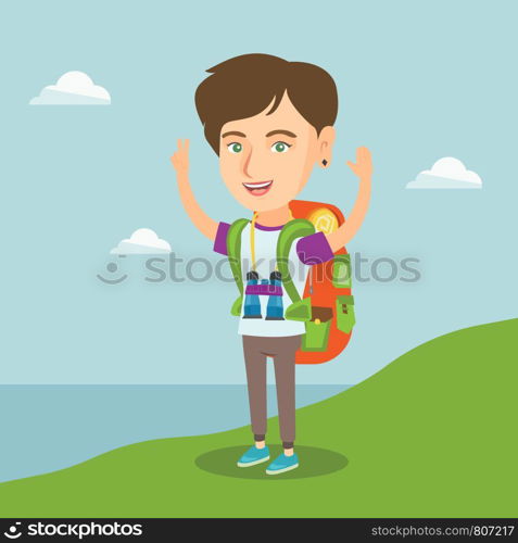 Young caucasian cheerful tourist with a backpack standing on the cliff with raised hands and enjoying the scenery. Happy tourist hiking in the mountains. Vector cartoon illustration. Square layout.. Young tourist enjoying the scenery with hands up.