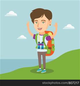 Young caucasian cheerful tourist with a backpack standing on the cliff with raised hands and enjoying the scenery. Happy tourist hiking in the mountains. Vector cartoon illustration. Square layout.. Young tourist enjoying the scenery with hands up.