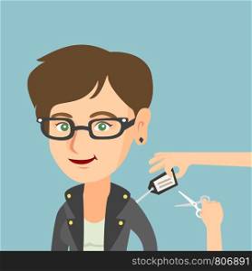 Young caucasian cheerful woman cutting a price tag off new jacket with scissors. Cheerful woman removing a label off new jacket. Vector cartoon illustration. Square layout.. Caucasian woman cutting price tag off new jacket.