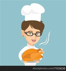 Young caucasian chief cook in uniform and hat holding plate with roasted thanksgiving turkey. Smiling female chief cook with a whole baked chicken on a plate. Vector cartoon illustration. Square layout.. Caucasian chief cook holding roasted chicken.