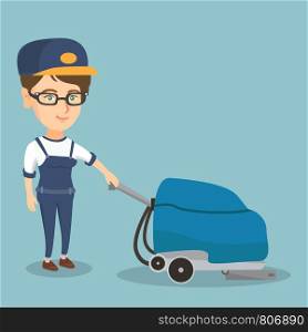 Young caucasian cleaner with cleaning equipment. Worker cleaning the store floor with a cleaning machine. Worker of supermarket cleaning service. Vector cartoon illustration. Square layout.. Woman cleaning the store floor with a machine.