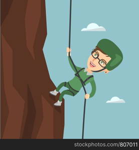 Young caucasian climber in a protective helmet climbing a mountain. Smiling woman climbing a mountain with a rope. Sport and leisure activity concept. Vector cartoon illustration. Square layout.. Caucasian woman climbing a mountain with rope.