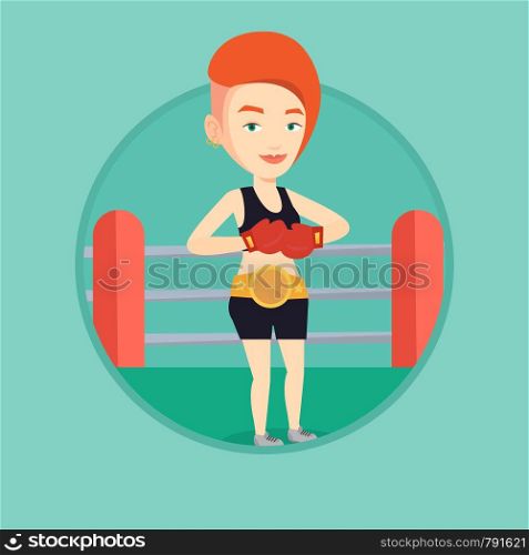 Young caucasian confident sportswoman in boxing gloves. Boxer standing in the boxing ring. Sportswoman wearing red boxing gloves. Vector flat design illustration in the circle isolated on background.. Confident boxer in the ring vector illustration.