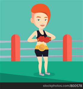 Young caucasian confident sportswoman in boxing gloves. Professional boxer standing in the boxing ring. Smiling sportive woman wearing red boxing gloves. Vector flat design illustration. Square layout. Confident boxer in the ring vector illustration.