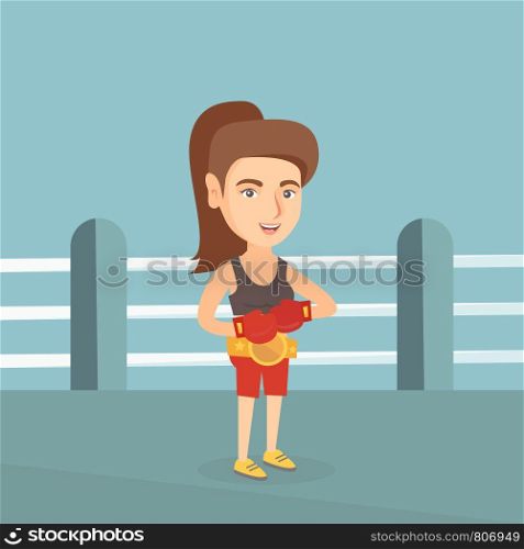 Young caucasian confident sportswoman wearing a champion belt and boxing gloves. Full length of professional female boxer standing in the boxing ring. Vector cartoon illustration. Square layout.. Young caucasian confident boxer in the ring.