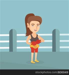 Young caucasian confident sportswoman wearing a champion belt and boxing gloves. Full length of professional female boxer standing in the boxing ring. Vector cartoon illustration. Square layout.. Young caucasian confident boxer in the ring.