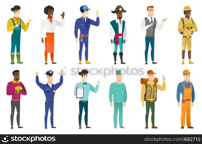 Young caucasian confident surgeon. Full length of smiling confident surgeon. Surgeon standing in a pose signifying confidence. Set of vector flat design illustrations isolated on white background.. Vector set of professions characters.