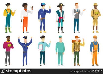 Young caucasian confident surgeon. Full length of smiling confident surgeon. Surgeon standing in a pose signifying confidence. Set of vector flat design illustrations isolated on white background.. Vector set of professions characters.