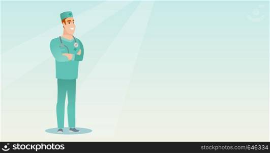 Young caucasian confident surgeon in medical uniform. Cheerful surgeon standing with arms crossed. Smiling surgeon with a stethoscope on his neck. Vector flat design illustration. Horizontal layout.. Young confident surgeon with arms crossed.