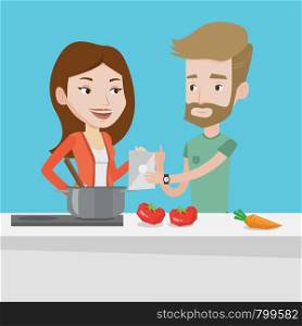 Young caucasian couple following recipe for healthy vegetable meal on digital tablet. Couple cooking healthy meal. Couple having fun cooking together. Vector flat design illustration. Square layout.. Couple cooking healthy vegetable meal.