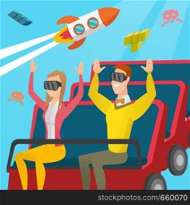 Young caucasian couple in virtual reality headset riding on roller coaster. Excited friends in virtual reality glasses having fun in virtual amusement park. Vector cartoon illustration. Square layout.. Couple in vr headset riding on a roller coaster.