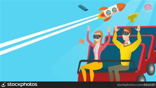 Young caucasian couple in virtual reality headset riding on roller coaster. Friends in virtual reality glasses having fun in virtual amusement park. Vector cartoon illustration. Horizontal layout.. Couple in vr headset riding on a roller coaster.