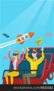 Young caucasian couple in virtual reality headset riding on roller coaster. Happy friends in virtual reality glasses having fun in virtual amusement park. Vector cartoon illustration. Vertical layout.. Couple in vr headset riding on a roller coaster.