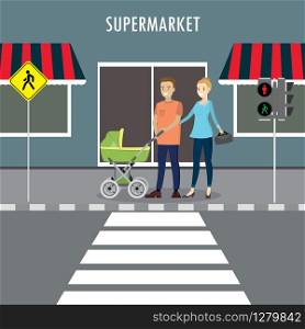 young caucasian couple with a baby stroller stands at a pedestrian crossing,city life concept,flat vector illustration