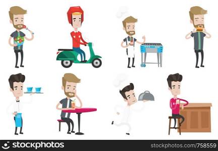 Young caucasian courier delivering food on scooter. Courier driving a motorbike and delivering food. Concept of food delivery. Set of vector flat design illustrations isolated on white background.. Vector set of people eating and drinking.
