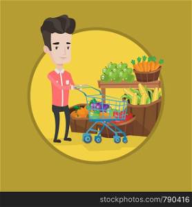 Young caucasian customer pushing a supermarket cart with some vegetables in it. Customer shopping at supermarket with cart. Vector flat design illustration in the circle isolated on background.. Customer with shopping cart vector illustration.