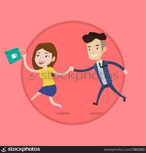 Young caucasian customers rushing on sale to the shop. Woman and man running in a hurry to store on sale. Shopping sale concept. Vector flat design illustration in the circle isolated on background.. People running in hurry to the store on sale.