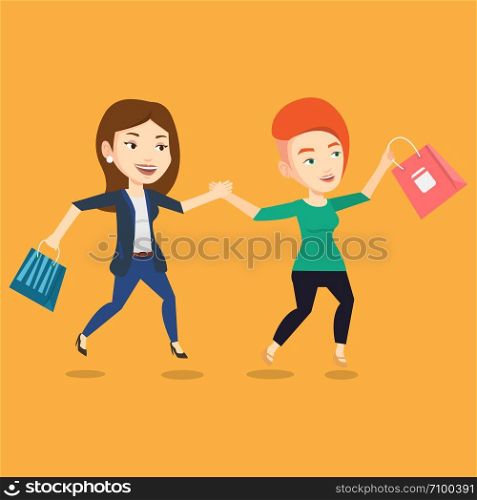 Young caucasian customers rushing to promotion and sale. People rushing on sale to the shop. Two cheerful women running in a hurry to the store on sale. Vector flat design illustration. Square layout.. People running in hurry to the store on sale.