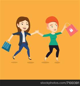 Young caucasian customers rushing to promotion and sale. People rushing on sale to the shop. Two cheerful women running in a hurry to the store on sale. Vector flat design illustration. Square layout.. People running in hurry to the store on sale.