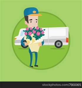 Young caucasian delivery courier with flowers standing on the background of delivery truck. Delivery courier delivering flowers. Vector flat design illustration in the circle isolated on background.. Delivery courier holding bouquet of flowers.