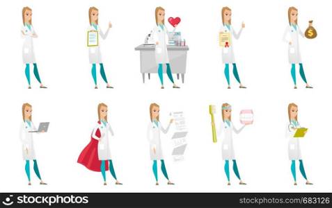 Young caucasian dentist holding dental jaw model and a toothbrush in hands. Happy dentist showing dental jaw model and toothbrush. Set of vector flat design illustrations isolated on white background.. Vector set of doctor characters.