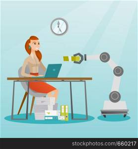 Young caucasian developer programming robotic hand on her laptop in office. Happy developer receiving a profit from the development of robotic technologies. Vector cartoon illustration. Square layout.. Caucasian developer programming a robotic hand.