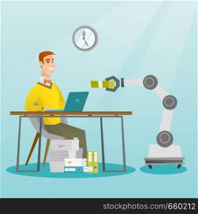 Young caucasian developer programming robotic hand on his laptop in office. Happy developer receiving a profit from the development of robotic technologies. Vector cartoon illustration. Square layout.. Caucasian developer programming a robotic hand.