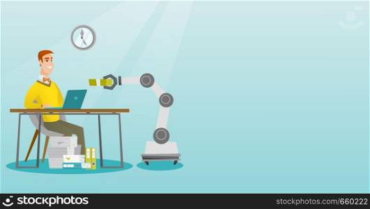 Young caucasian developer programming robotic hand on his laptop in office. Developer receiving a profit from the development of robotic technologies. Vector cartoon illustration. Horizontal layout.. Caucasian developer programming a robotic hand.