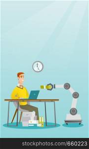 Young caucasian developer programming robotic hand on laptop in office. Happy developer receiving a profit from the development of robotic technologies. Vector cartoon illustration. Vertical layout.. Caucasian developer programming a robotic hand.