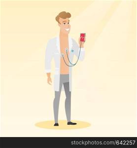 Young caucasian doctor holding a smartphone with application for measuring of heart rate pulse. Smiling doctor showing application for heart checking. Vector flat design illustration. Square layout.. Doctor showing app for measuring of heart pulse.