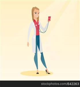 Young caucasian doctor holding a smartphone with application for measuring of heart rate pulse. Smiling doctor showing application for heart checking. Vector flat design illustration. Square layout.. Doctor showing app for measuring of heart pulse.