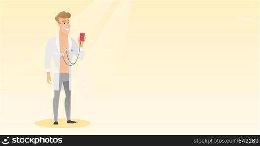 Young caucasian doctor holding a smartphone with application for measuring of heart rate pulse. Doctor showing application for heart checking. Vector flat design illustration. Horizontal layout.. Doctor showing app for measuring of heart pulse.