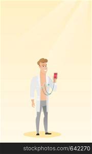Young caucasian doctor holding a smartphone with application for measuring of heart rate pulse. Smiling doctor showing application for heart checking. Vector flat design illustration. Vertical layout.. Doctor showing app for measuring of heart pulse.