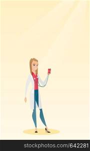 Young caucasian doctor holding a smartphone with application for measuring of heart rate pulse. Smiling doctor showing application for heart checking. Vector flat design illustration. Vertical layout.. Doctor showing app for measuring of heart pulse.