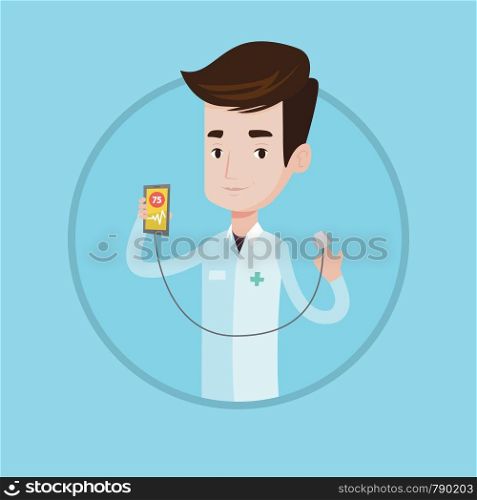 Young caucasian doctor holding smartphone with application for measuring heart rate pulse. Doctor showing app for checking heart. Vector flat design illustration in the circle isolated on background.. Doctor showing app for measuring heart pulse.