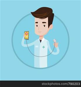 Young caucasian doctor holding smartphone with application for measuring heart rate pulse. Doctor showing app for checking heart. Vector flat design illustration in the circle isolated on background.. Doctor showing app for measuring heart pulse.