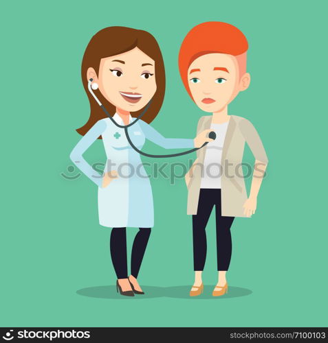 Young caucasian doctor listening to chest of patient with stethoscope. Female patient visiting doctor. Doctor examining chest of a female patient. Vector flat design illustration. Square layout.. Doctor listening to chest of patient.