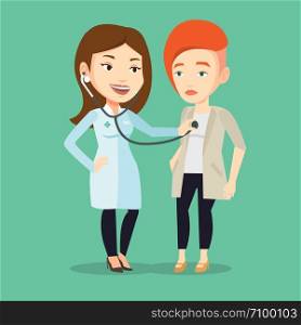 Young caucasian doctor listening to chest of patient with stethoscope. Female patient visiting doctor. Doctor examining chest of a female patient. Vector flat design illustration. Square layout.. Doctor listening to chest of patient.