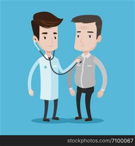 Young caucasian doctor listening to chest of patient with stethoscope. Male patient visiting doctor. Doctor examining chest of an adult male patient. Vector flat design illustration. Square layout.. Doctor listening to chest of patient.
