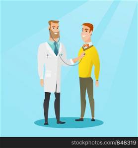 Young caucasian doctor listening to the chest of a patient with a stethoscope. Patient visiting a doctor. Doctor examining chest of a young patient. Vector flat design illustration. Square layout.. Doctor listening to chest of patient.