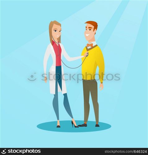 Young caucasian doctor listening to the chest of a patient with a stethoscope. Patient visiting a doctor. Doctor examining chest of a female patient. Vector flat design illustration. Square layout.. Doctor listening to chest of patient.