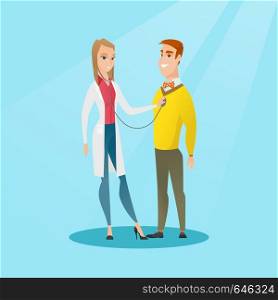 Young caucasian doctor listening to the chest of a patient with a stethoscope. Patient visiting a doctor. Doctor examining chest of a female patient. Vector flat design illustration. Square layout.. Doctor listening to chest of patient.
