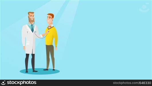Young caucasian doctor listening to the chest of a patient with a stethoscope. Patient visiting a doctor. Doctor examining chest of a young patient. Vector flat design illustration. Horizontal layout.. Doctor listening to chest of patient.