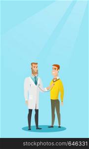 Young caucasian doctor listening to the chest of a patient with a stethoscope. Patient visiting a doctor. Doctor examining chest of a young patient. Vector flat design illustration. Vertical layout.. Doctor listening to chest of patient.