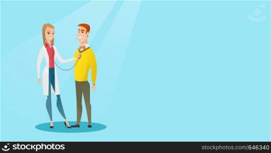 Young caucasian doctor listening to the chest of a patient with a stethoscope. Patient visiting a doctor. Doctor examining chest of a female patient. Vector flat design illustration. Horizontal layout. Doctor listening to chest of patient.