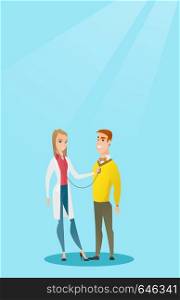 Young caucasian doctor listening to the chest of a patient with a stethoscope. Patient visiting a doctor. Doctor examining chest of a female patient. Vector flat design illustration. Vertical layout.. Doctor listening to chest of patient.